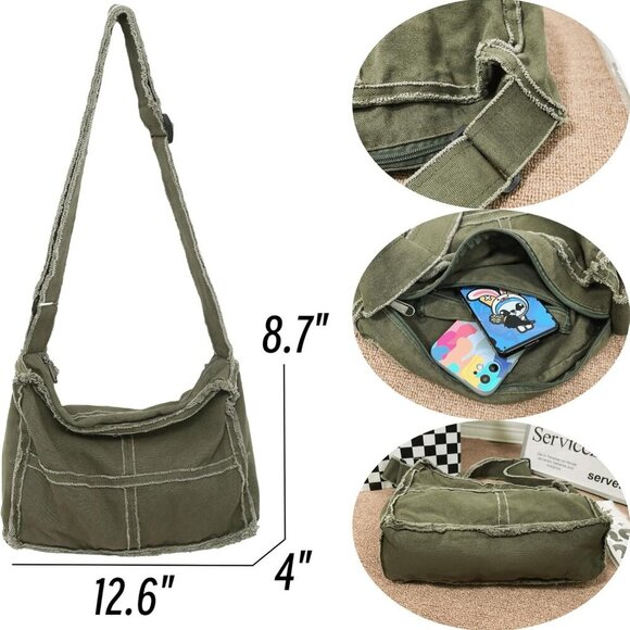 Canvas Hobo Crossbody Bag Women Men Large Capacity Travel Work Purse - Picture 5 of 6